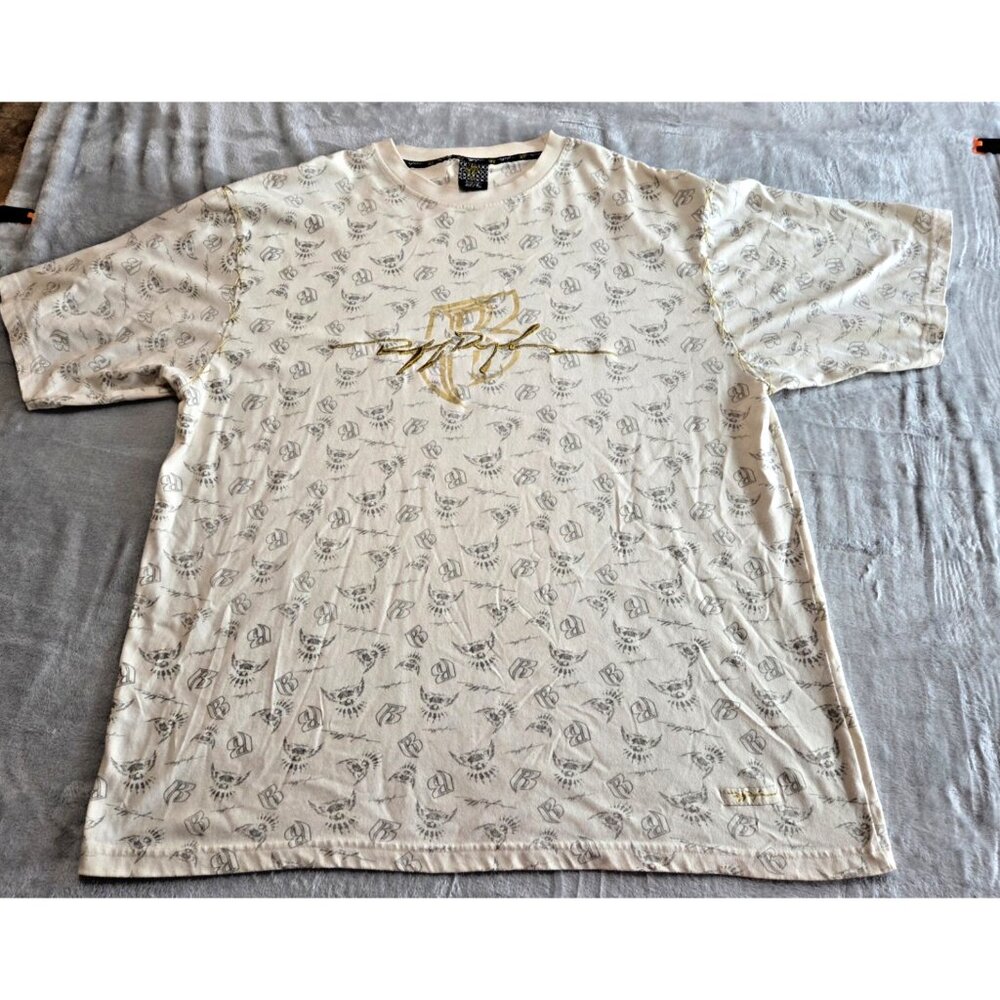 Vintage Ruff Ryders All Over Logo T Shirt Mens 2XL Cream Gold Y2K Hip Hop DMX